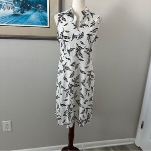 T Tahari linen blend sleeveless black leaf print dress